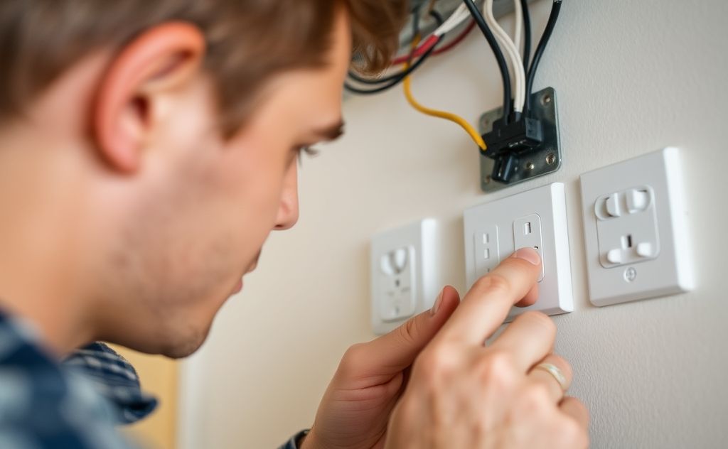 Close-up of a person inspecting electrical wiring and outlets in a home.