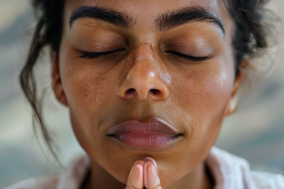 Close-up of person practicing mindful breathing with serene expression