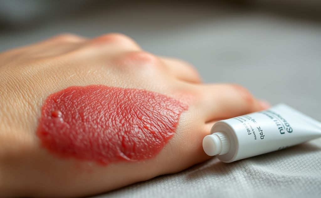 Close-up of a red, irritated skin patch with a soothing cream nearby.