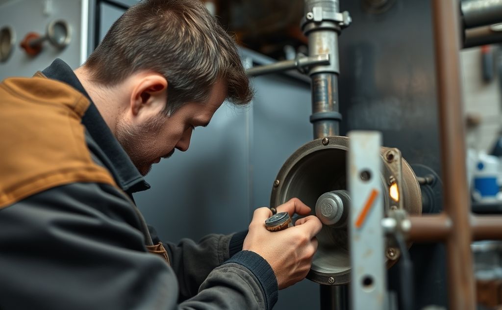 Close-up of a skilled technician repairing an oil-fired boiler in a workshop.