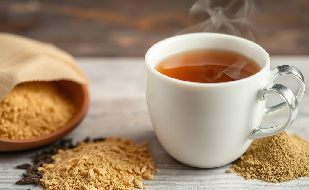 Close-up of a steaming cup of tea with tea leaves and instant tea powder beside it.