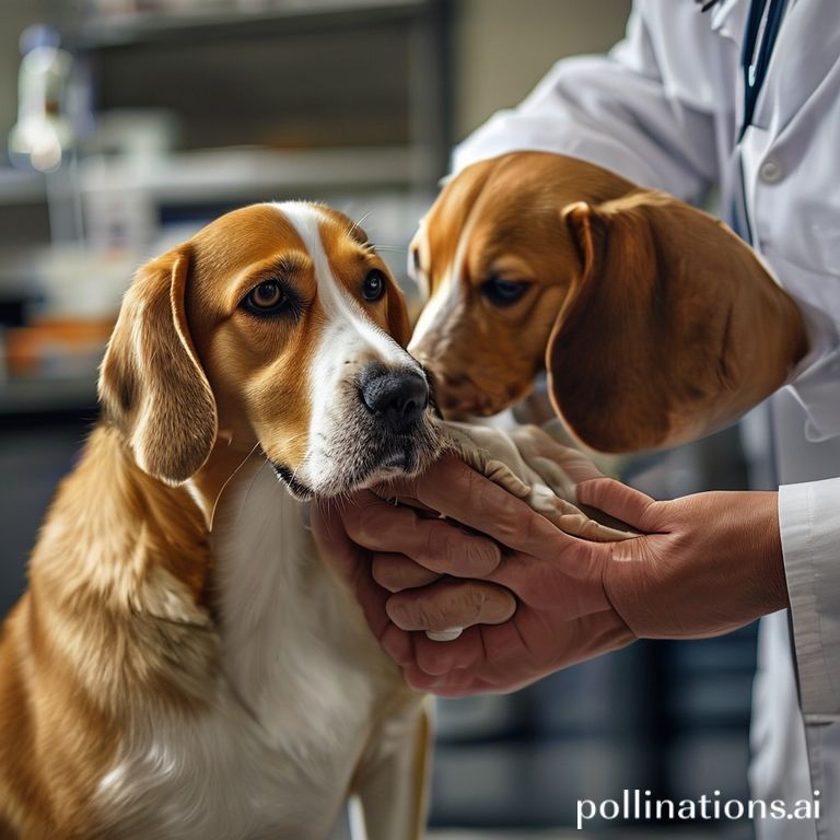 صورة مقربة لأيدي طبيب بيطري وهو يتحسس بلطف قفص صدري كلب متوسط الحجم لتقييم درجة حالته البدنية، مما يوضح أهمية التحكم في الحصص الغذائية.