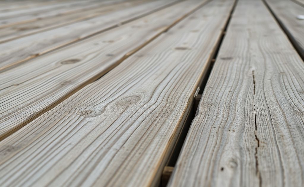 Close-up of a weathered wooden deck showing signs of wear and tear.