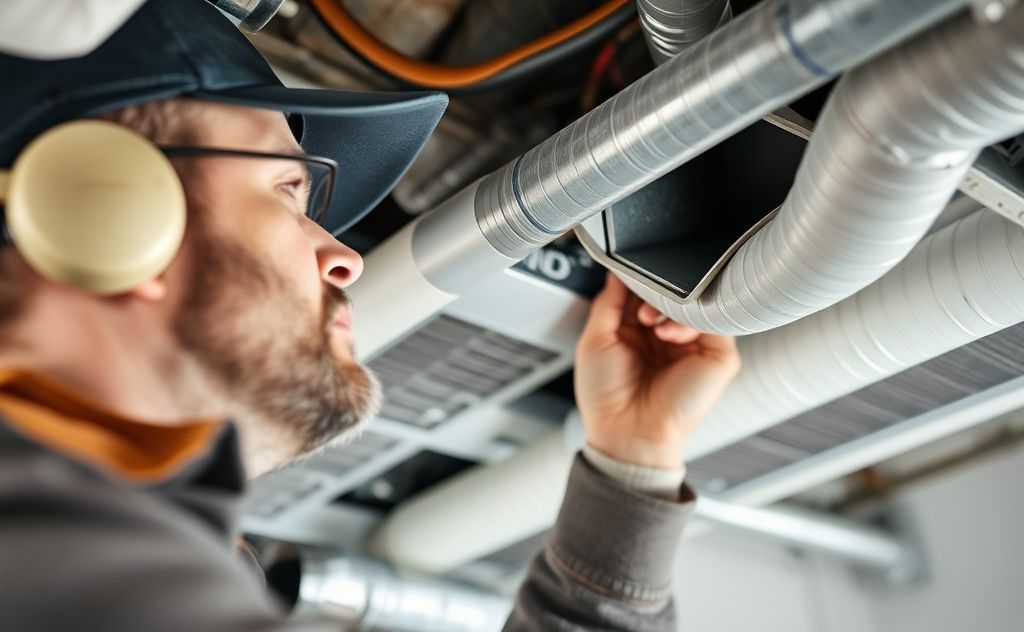 Close-up of an HVAC technician examining ducts for efficiency.
