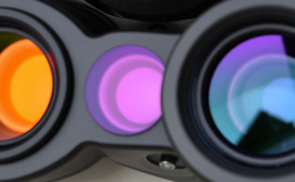 Close-up of binocular lenses showing various protective coatings.