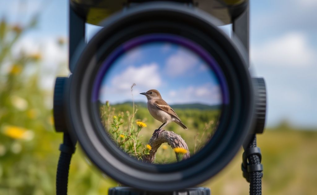Close-up of binoculars focusing on a bird in nature.