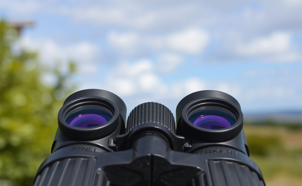 Close-up of binoculars with a blurred birdwatching scene in the background