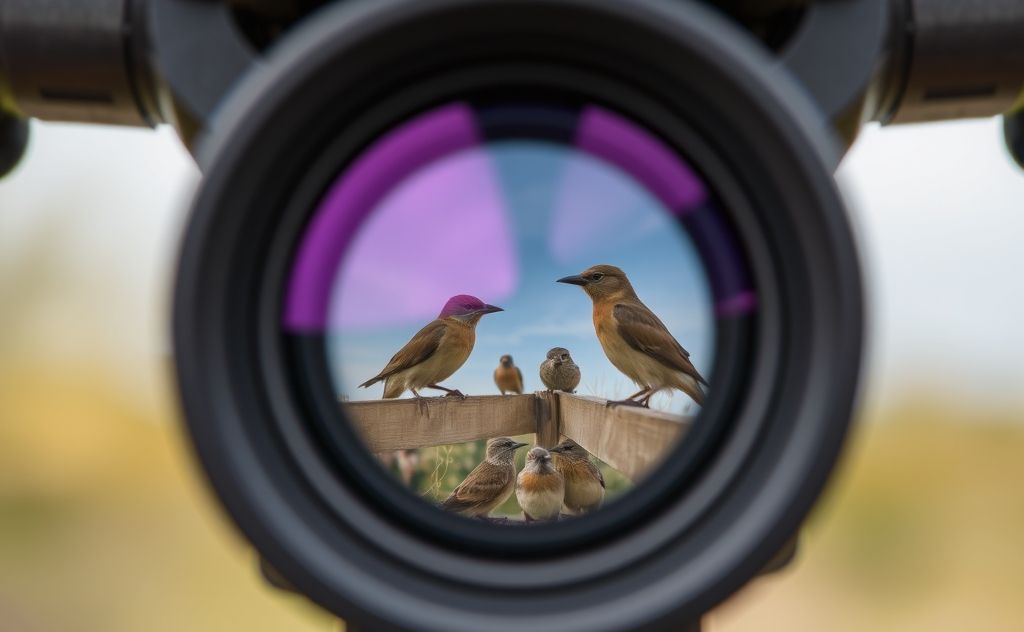 Close-up of binoculars with a focus on the exit pupil and birds.