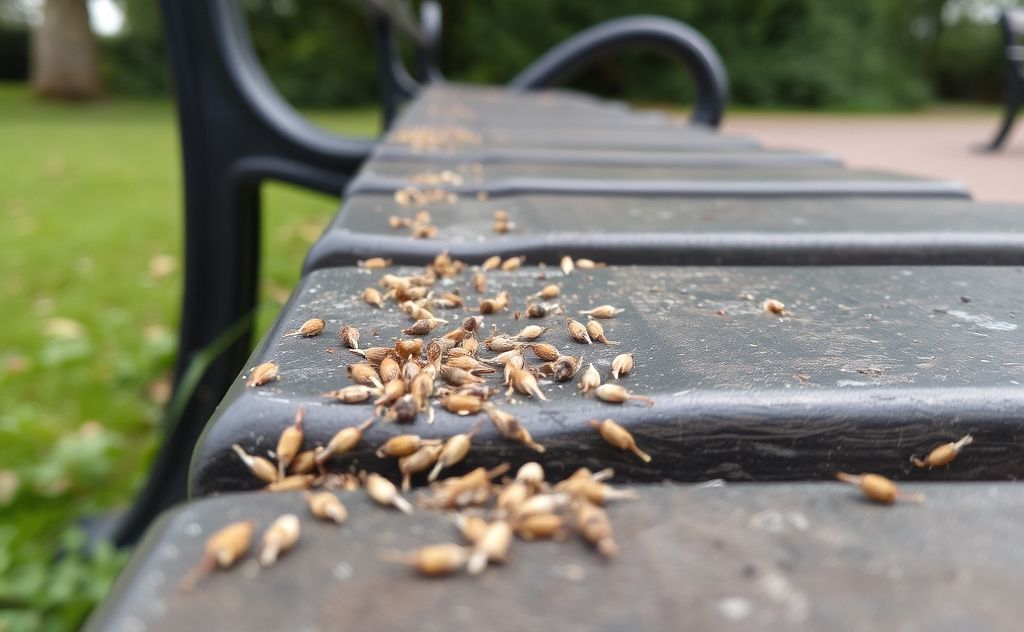 Close-up of bird droppings on a park bench with greenery around.