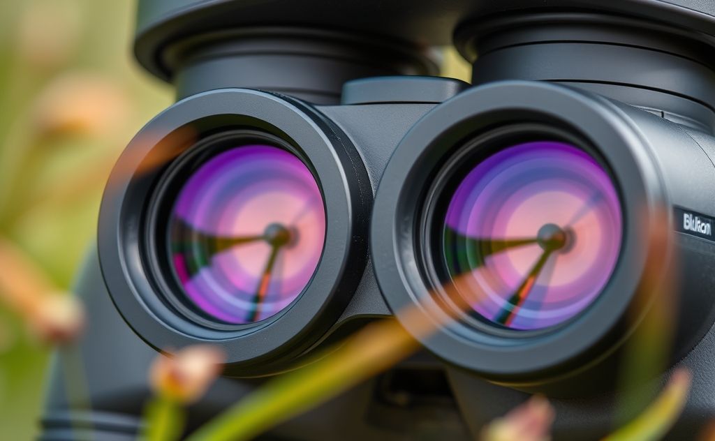 Close-up of birding binoculars showcasing lens coatings and nature.