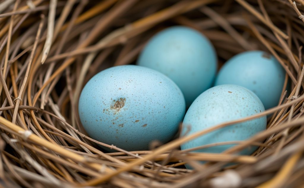 Close-up of blue bird eggs nestled in a natural nest.