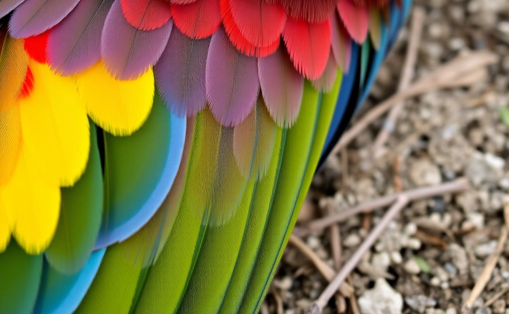 Close-up of colorful bird feathers on a natural background.