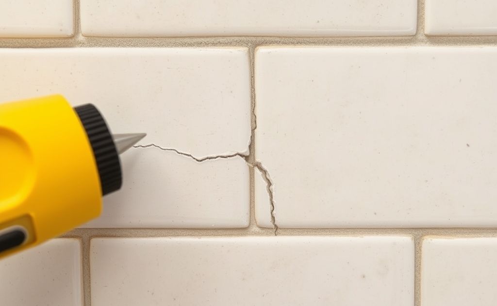 Close-up of cracked grout being repaired in bathroom tiles.