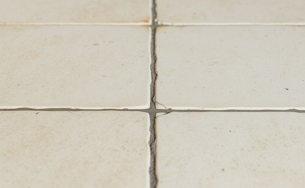 Close-up of dirty grout between clean tile floors.