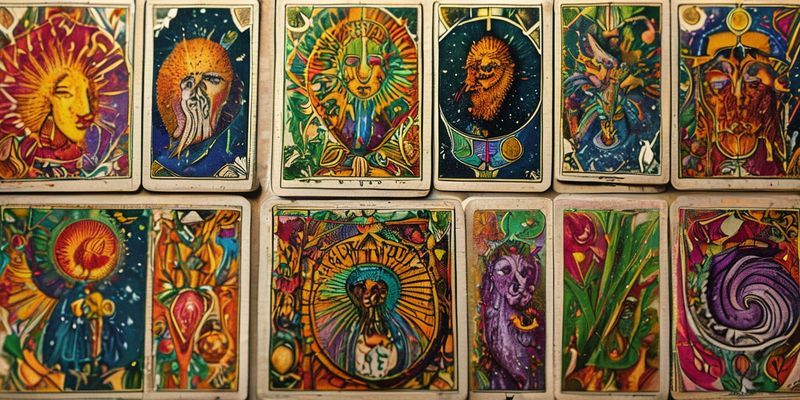 Close-up of tarot cards showing detailed imagery and symbols