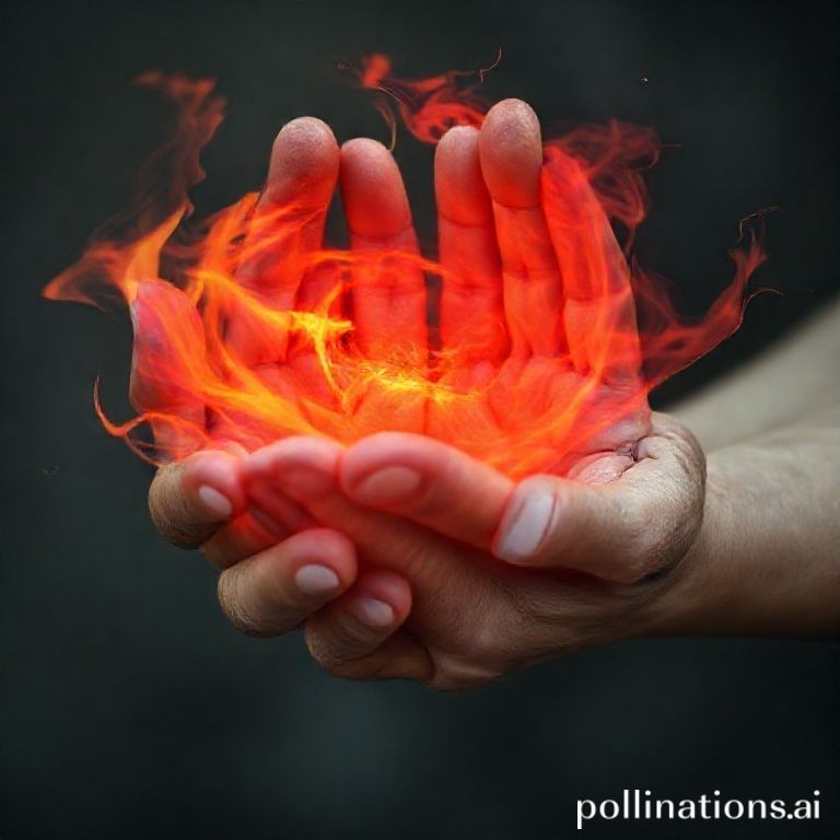 Close-up of two hands, one with fiery red energy swirling around it (Aries) and the other adorned with delicate silver jewelry and a small, perfectly balanced scale (Libra), gently touching in the center.
