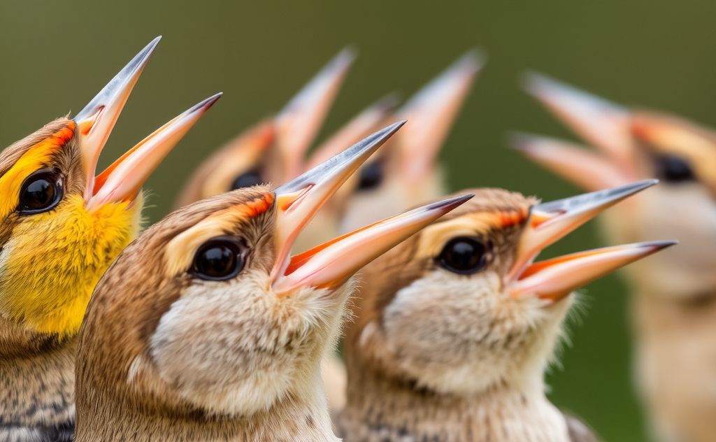 Close-up of various finch beaks on a natural background.