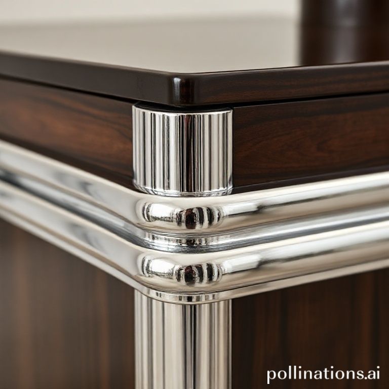 Detalhe de m&oacute;vel Art D&eacute;co, contrastando cromo polido e madeira mogno escura.