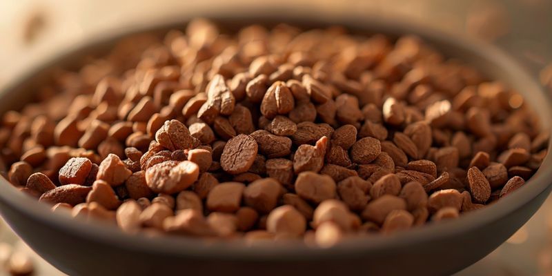 صورة مقربة لوعاء مليء بحبيبات طعام الكلاب الجاف (الدراي فود) بأشكال وألوان بنية مختلفة.
