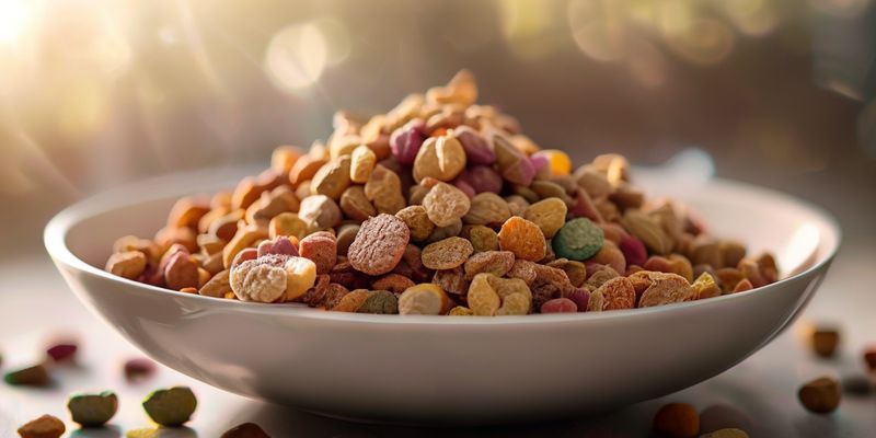 صورة مقربة لأطعمة جافة (دراي فود) عالية الجودة ومتعددة المكونات للحيوانات الأليفة، تبرز التوازن الغذائي والأشكال المتنوعة.
