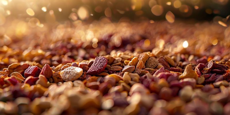 صورة مقربة لأنواع مختلفة من طعام الكلاب الجاف (الكيبيل) تظهر أشكالًا وأحجامًا وألوانًا متنوعة، مع خلفية ضبابية لمكونات طعام الكلاب مثل اللحوم والحبوب.
