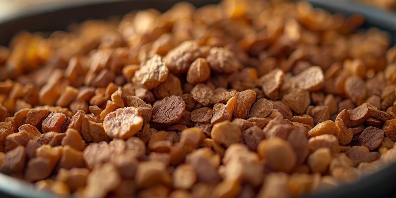 لقطة مقربة لأنواع مختلفة من حبيبات طعام الكلاب الجافة (Kibble) بأشكال وأحجام متنوعة، توضح الملمس واختلاف الألوان في وعاء طعام.