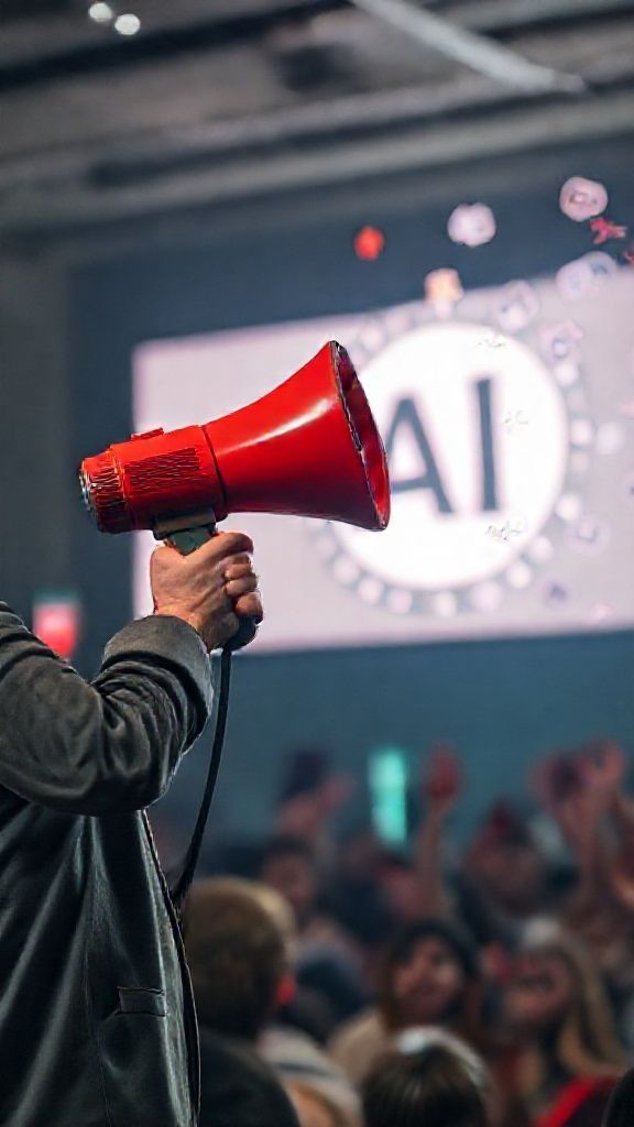 ภาพโค้ชใช้โทรโข่งฉายสัญลักษณ์ AI ฝูงชนโห่ร้อง