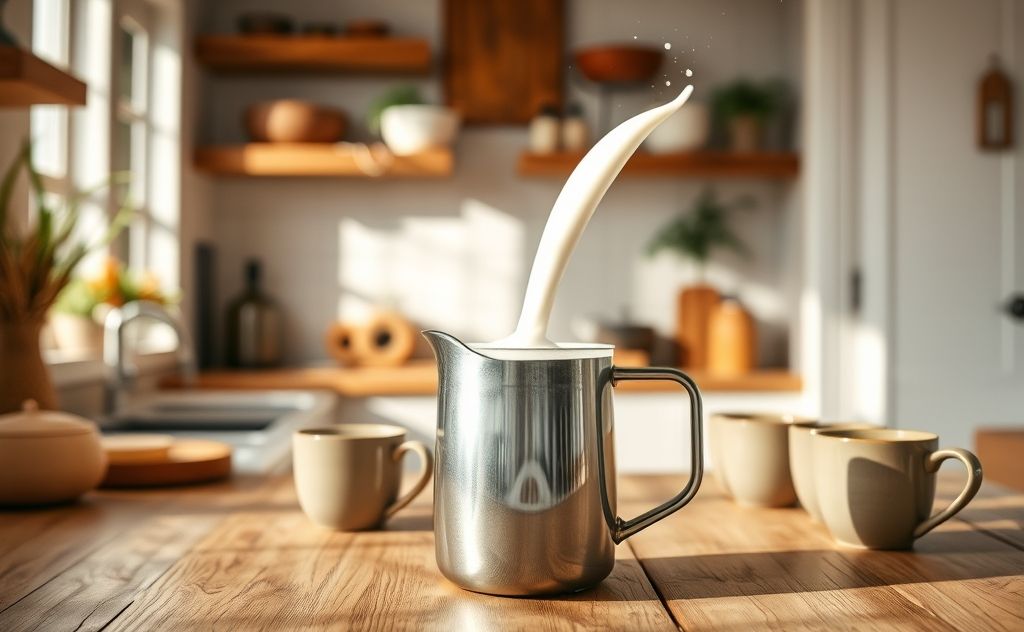 Coconut milk frothing in a cozy kitchen setting