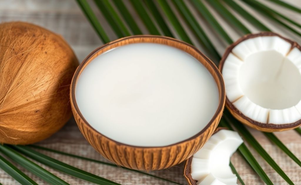 Coconut milk in a bowl with fresh coconuts
