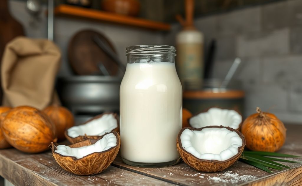 Coconut milk in a rustic kitchen setting