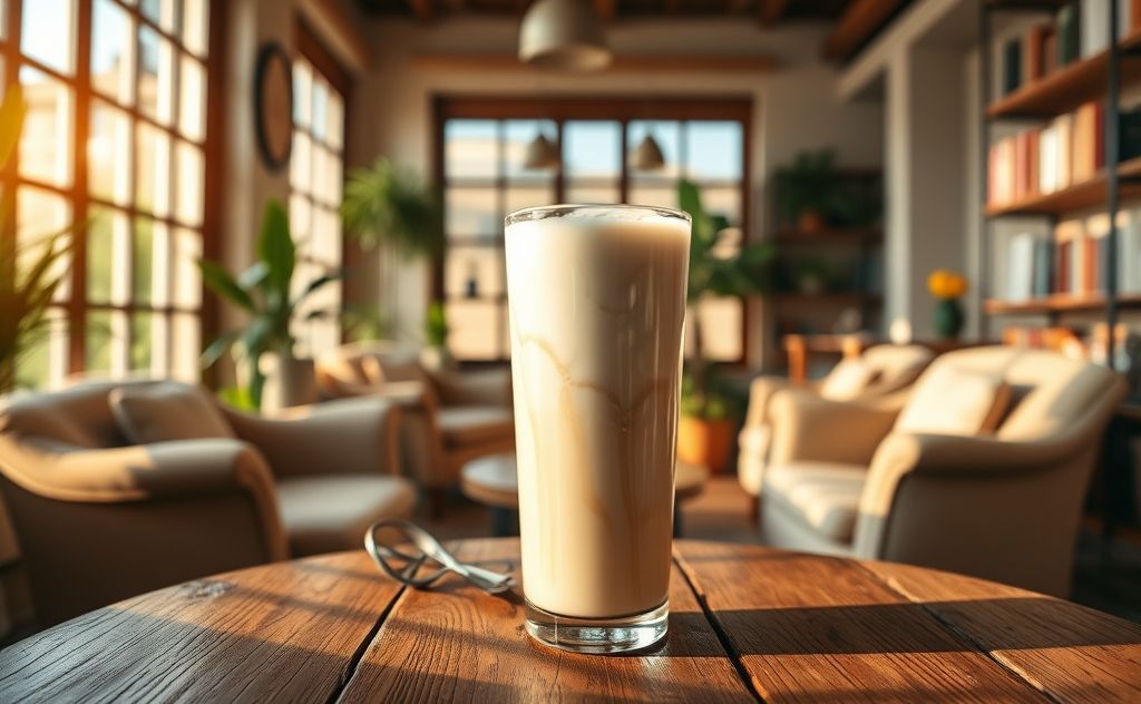 Coconut milk tea in a cozy café setting