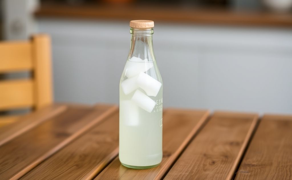 Coconut water in a clear bottle on a wooden table