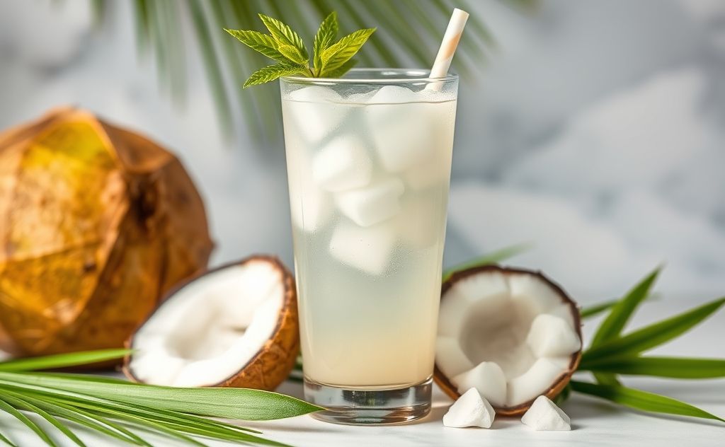 Coconut water in a clear glass with tropical elements