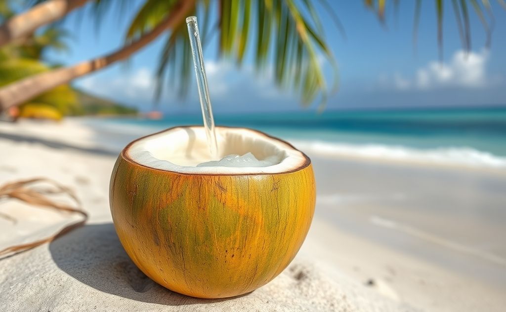 Coconut water in a fresh coconut on a beach