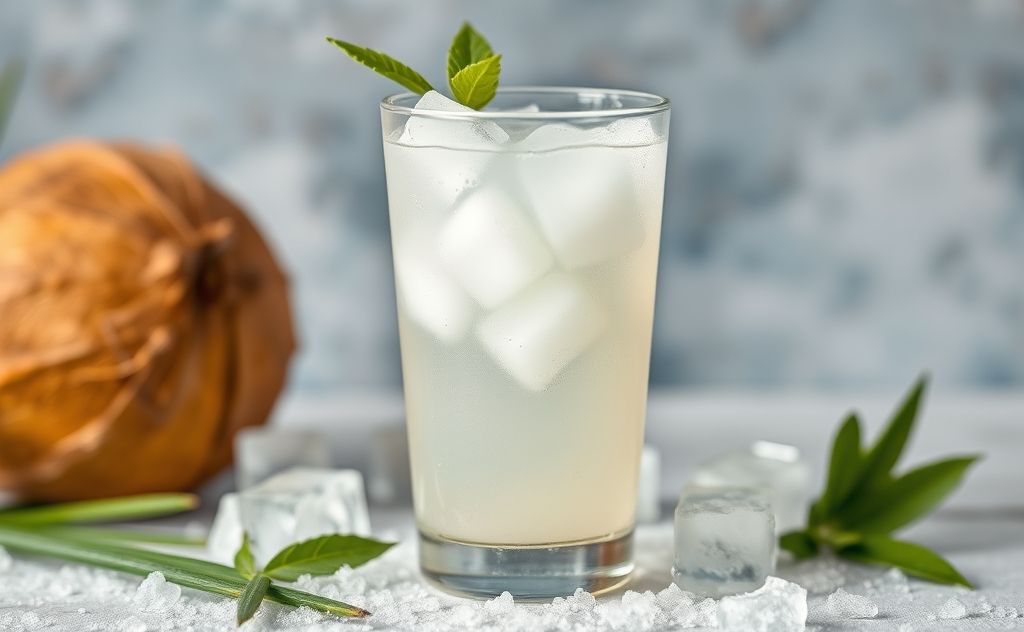 Coconut water in a frosty glass with ice cubes