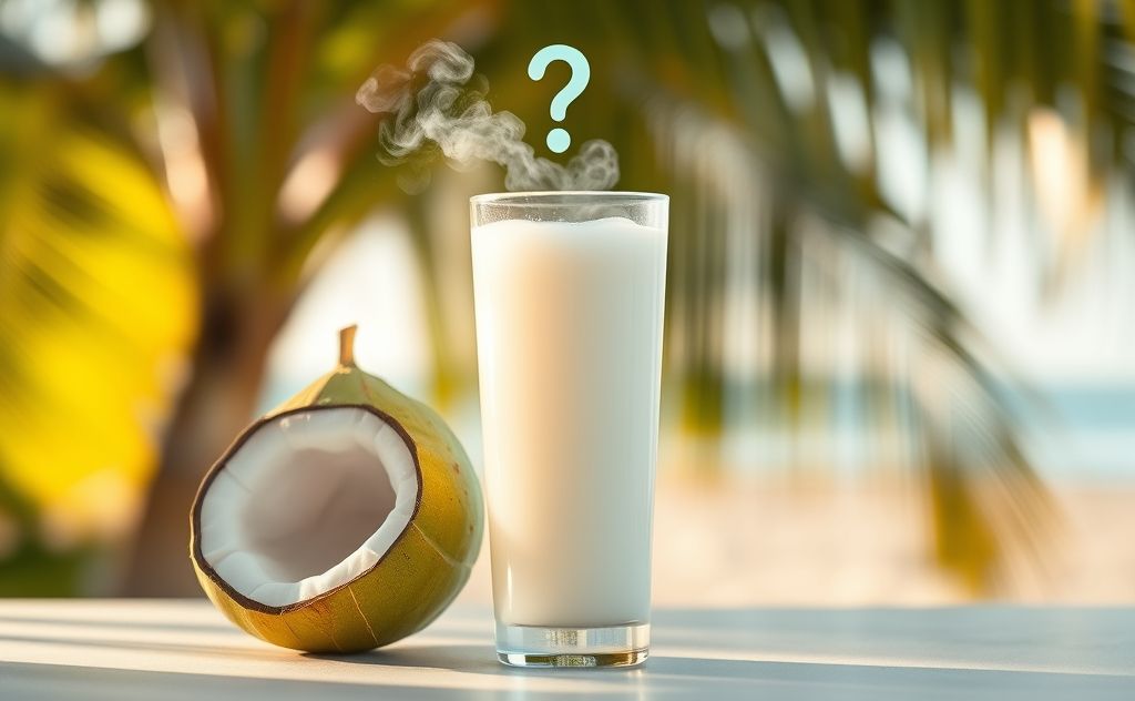 Coconut water in a glass with a question mark