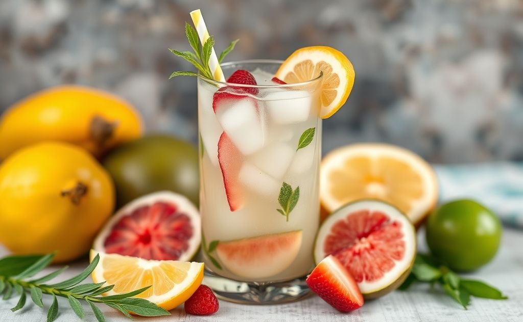 Coconut water mixed with fresh fruits and herbs.