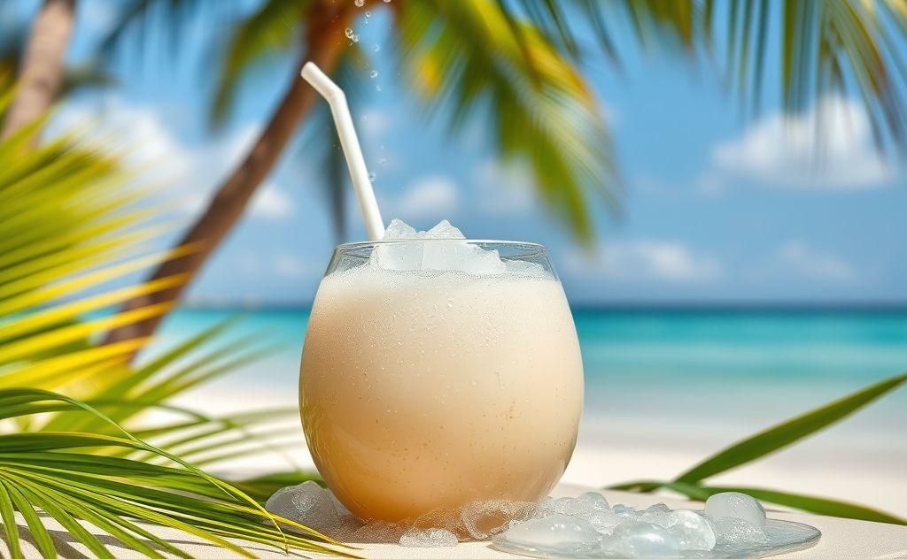 Coconut water with bubbles in a tropical setting