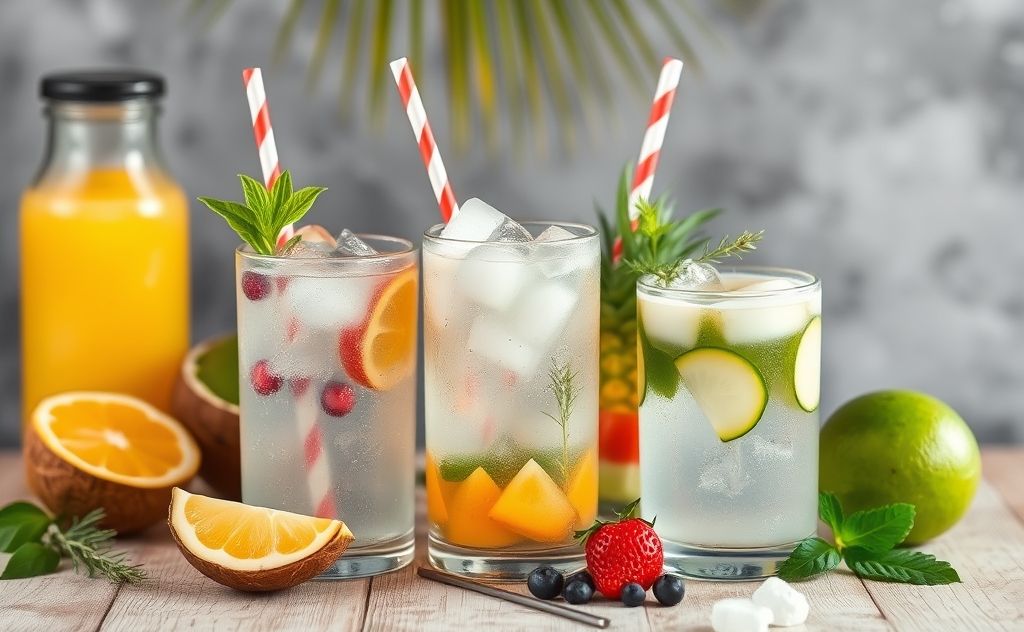 Coconut water with fruit and herb mixers