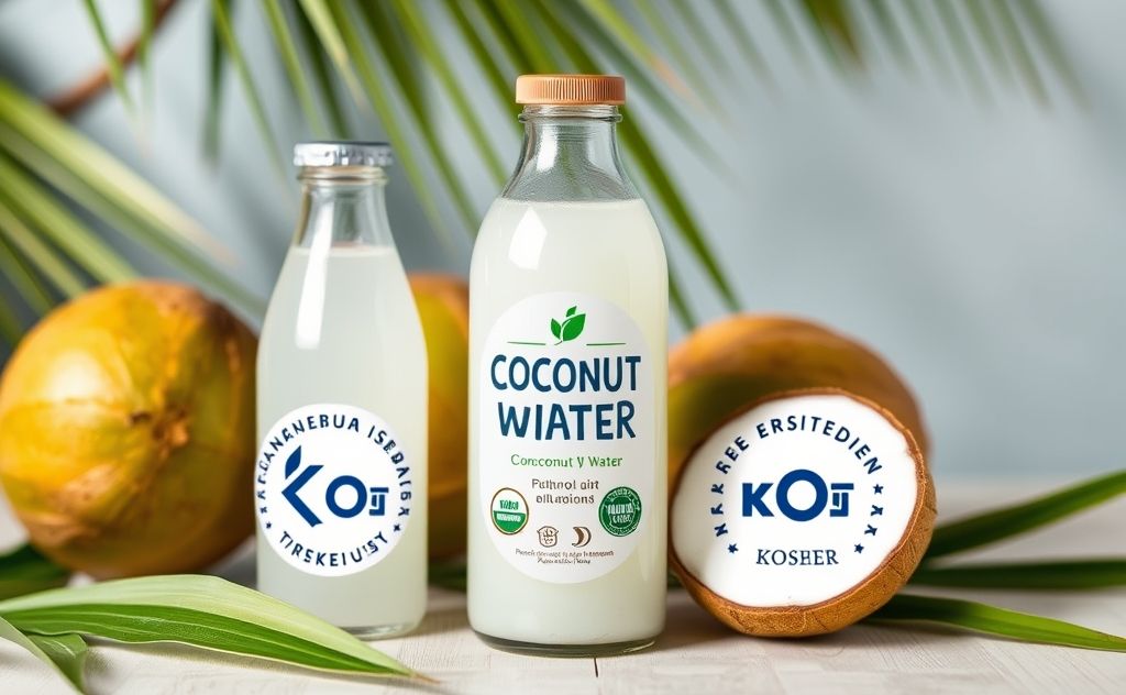 Coconut water with kosher certification symbols