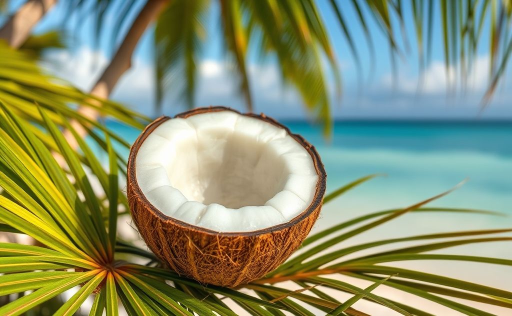 Coconut with rich purine content on a tropical backdrop