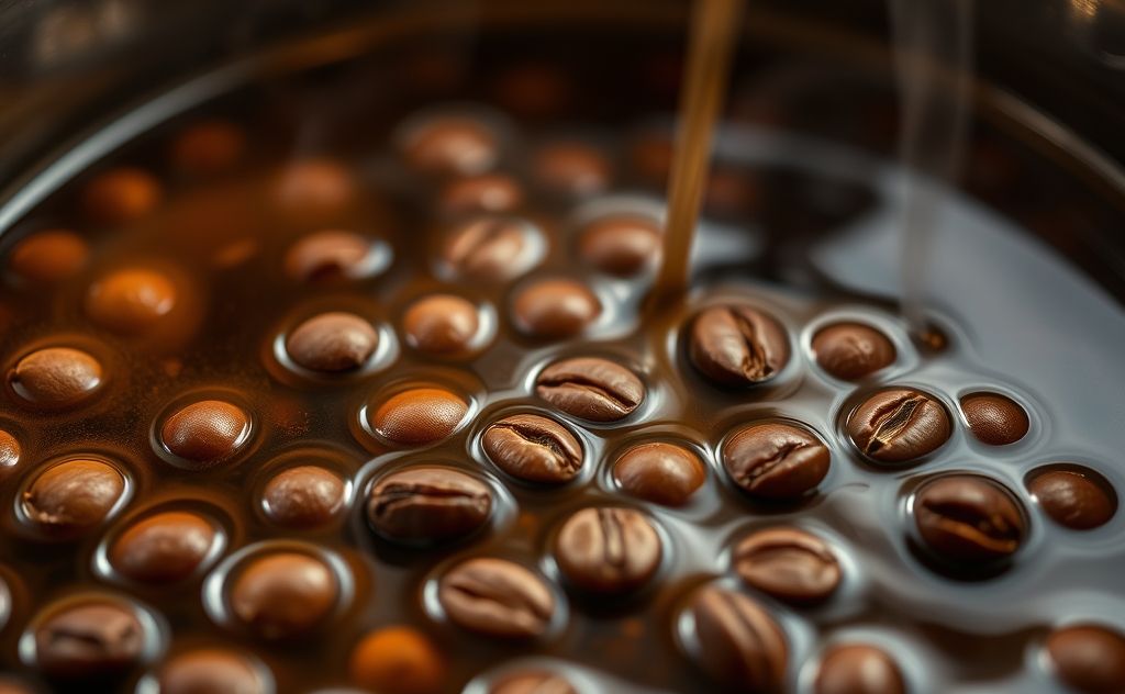 Coffee beans blended in a rich, dark brew