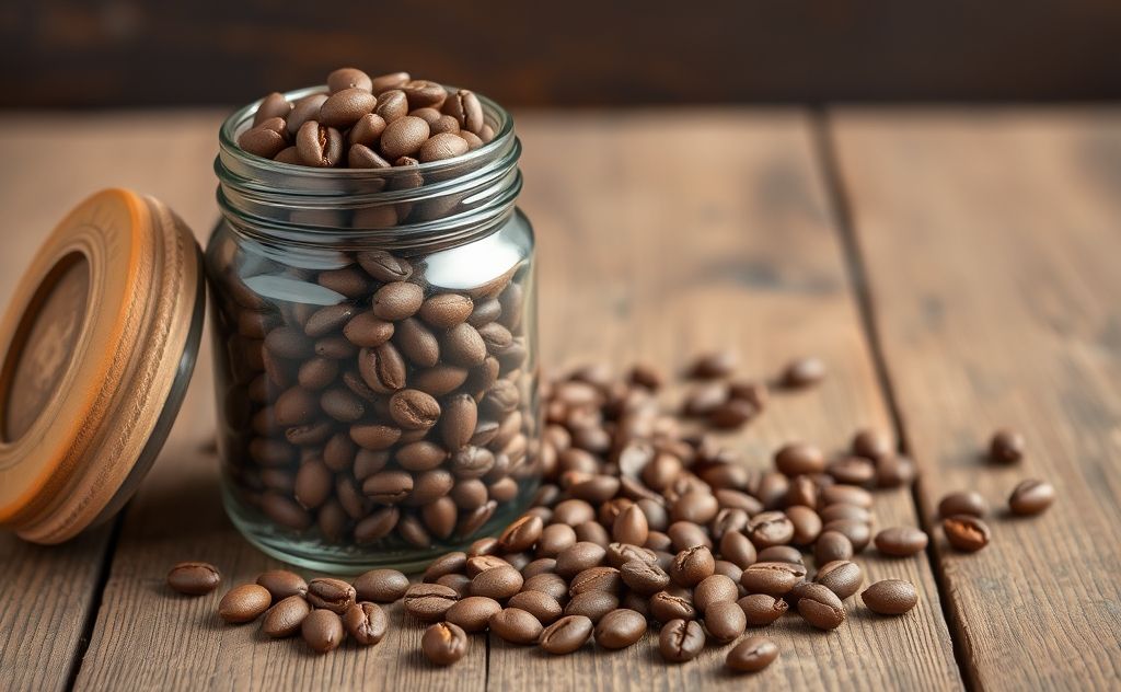 Coffee beans in a rustic jar on a wooden table