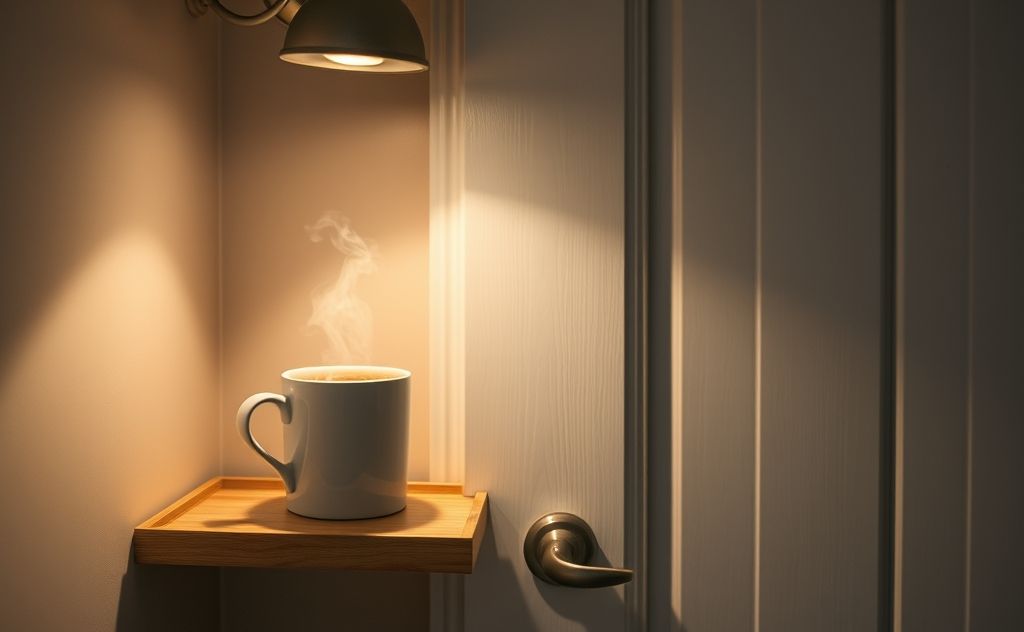 Coffee cup next to a bathroom door, urgent vibes