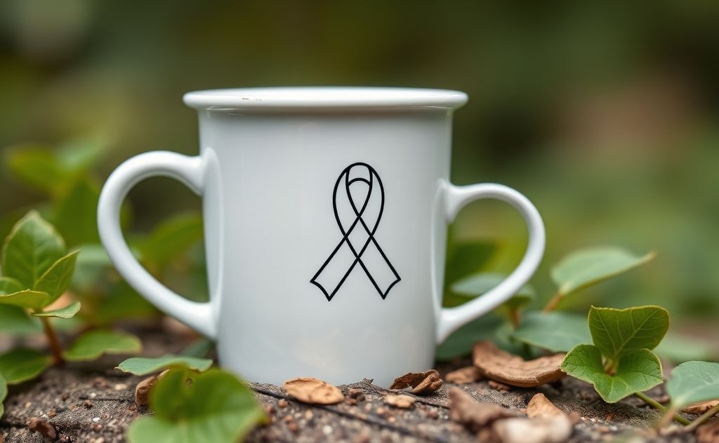 Coffee cup with gout awareness symbol and nature