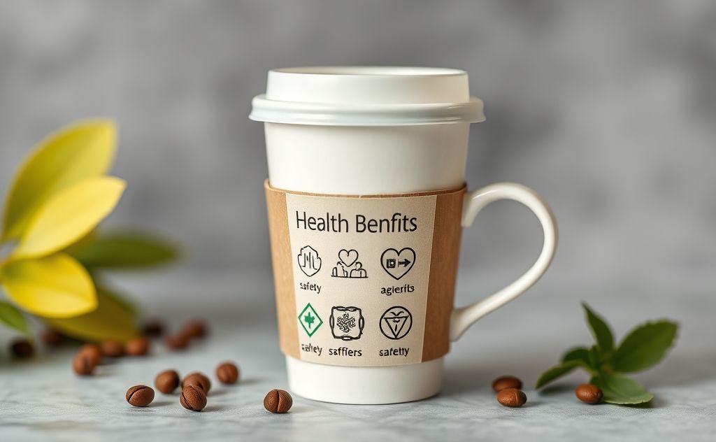 Coffee cup with health benefits and safety symbols