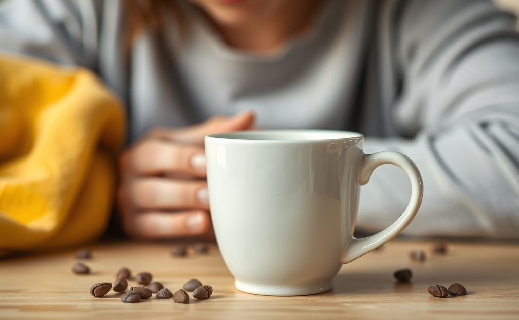 Coffee cup with reflux symptoms in the background