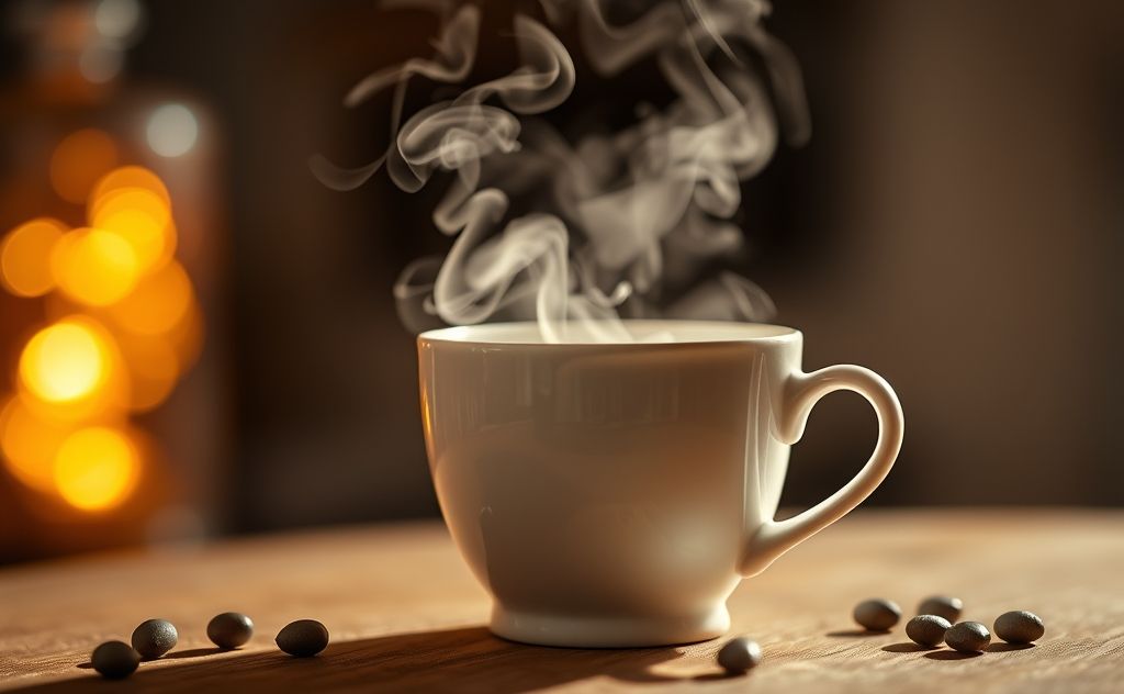 Coffee cup with steam and a warm ambiance