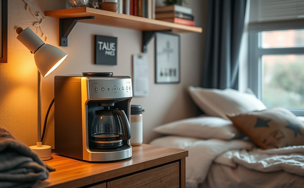 Coffee machine in a cozy dorm room setting
