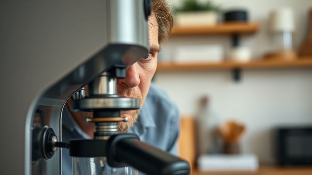 Coffee machine making noise, close-up of a frustrated person in a kitchen.